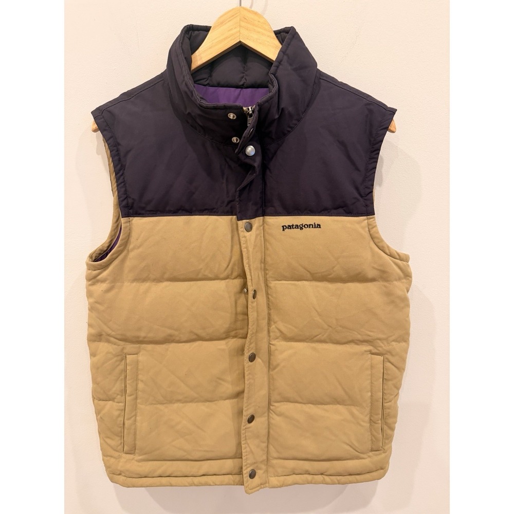 Patagonia Bivy Down Vest Men's S Tan Purple 27585FA13 Snap‎ Puffer